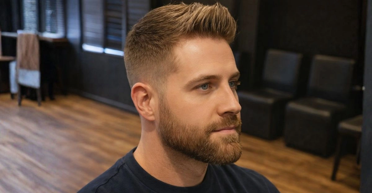 Quiff haircut with lifted front and faded sides, adding height to disguise thinning hair.