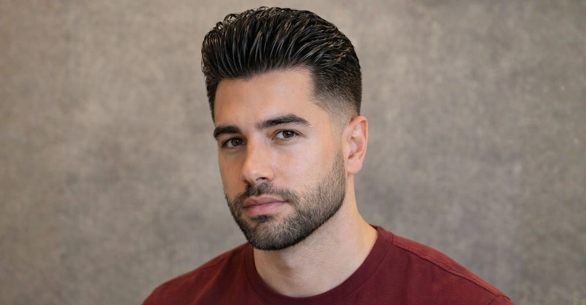 Man with quiff wet look featuring lifted shiny front and sleek controlled sides.