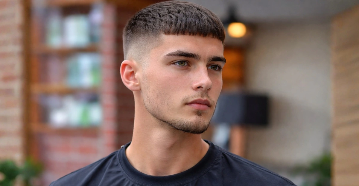 A sharp Caesar with a blunt fringe delivers a bold, clean, and structured finish.