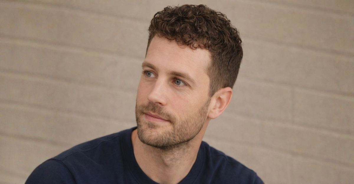 Short curly haircut with natural texture on top, creating volume and reducing scalp visibility.