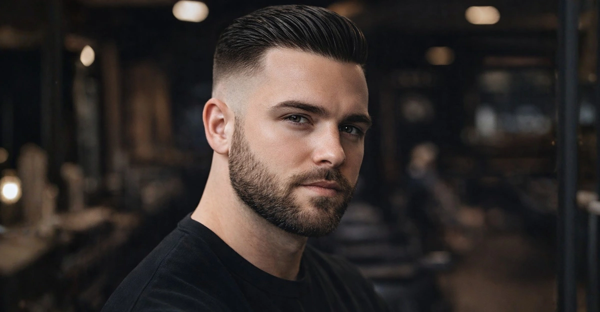 Short Slick Back with Mid Fade and Beard