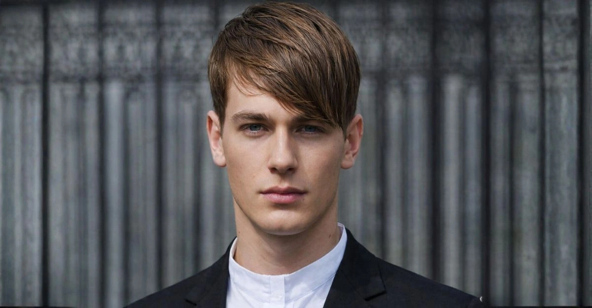 Side fringe hairstyle with longer top swept diagonally and short sides for a refined old-money look.