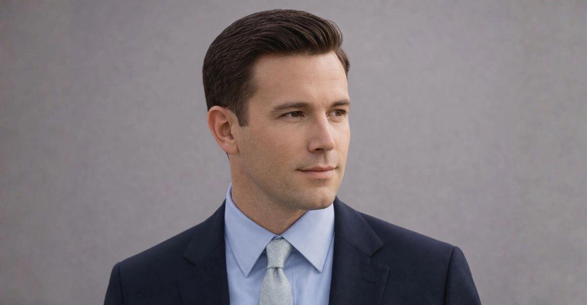 Side part hairstyle with smooth top sweep and short sides that shifts focus away from a large forehead.