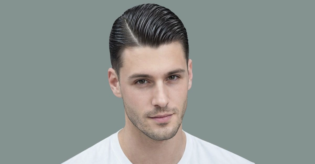 A man with a side part wet look hairstyle with smooth glossy hair swept to one side.