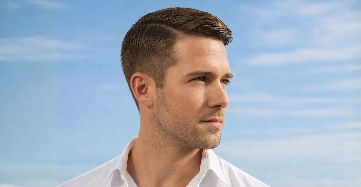 Side part haircut with short sides and guided top, creating balance and a fuller appearance.