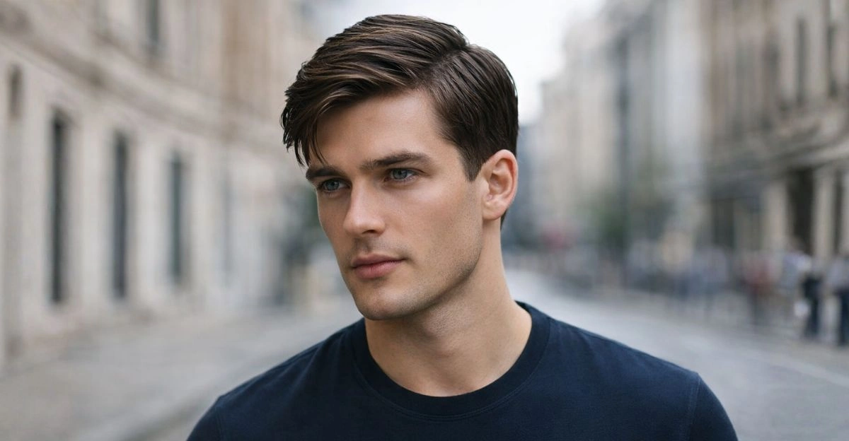 Side-swept medium-length hairstyle with soft volume and tidy sides for a polished old-money look.