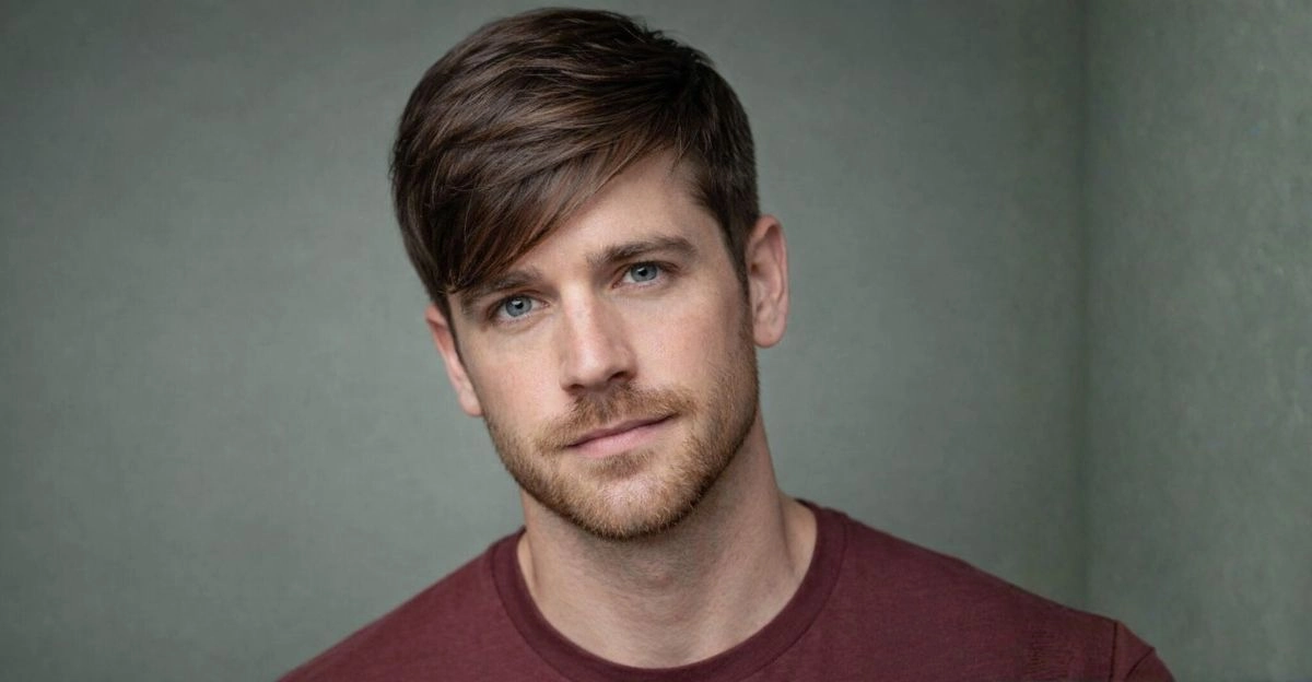 Side swept fringe haircut with angled bangs and short sides, adding coverage and movement.