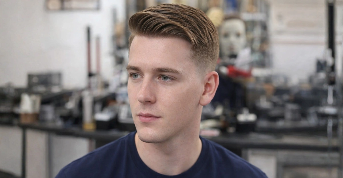 Side Swept Ivy League with Low Taper Fade