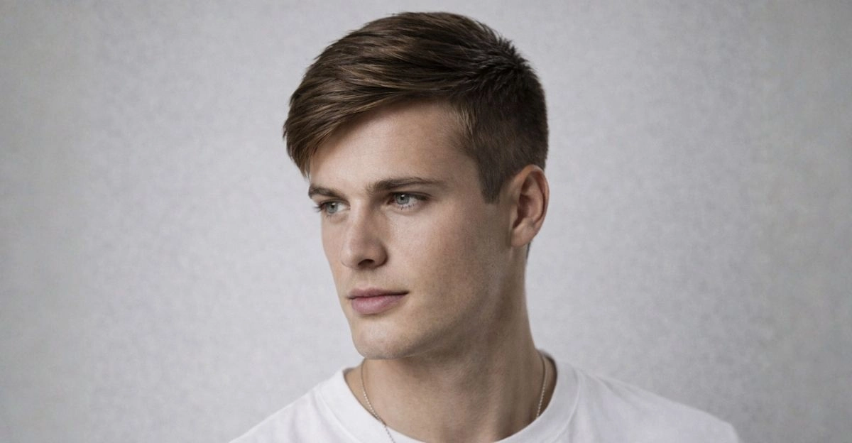 Side swept haircut with longer top brushed sideways, making thinning areas look fuller.