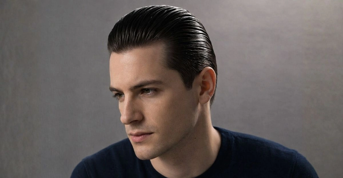 A man with slick back wet look hairstyle brushed straight back with shiny smooth finish.