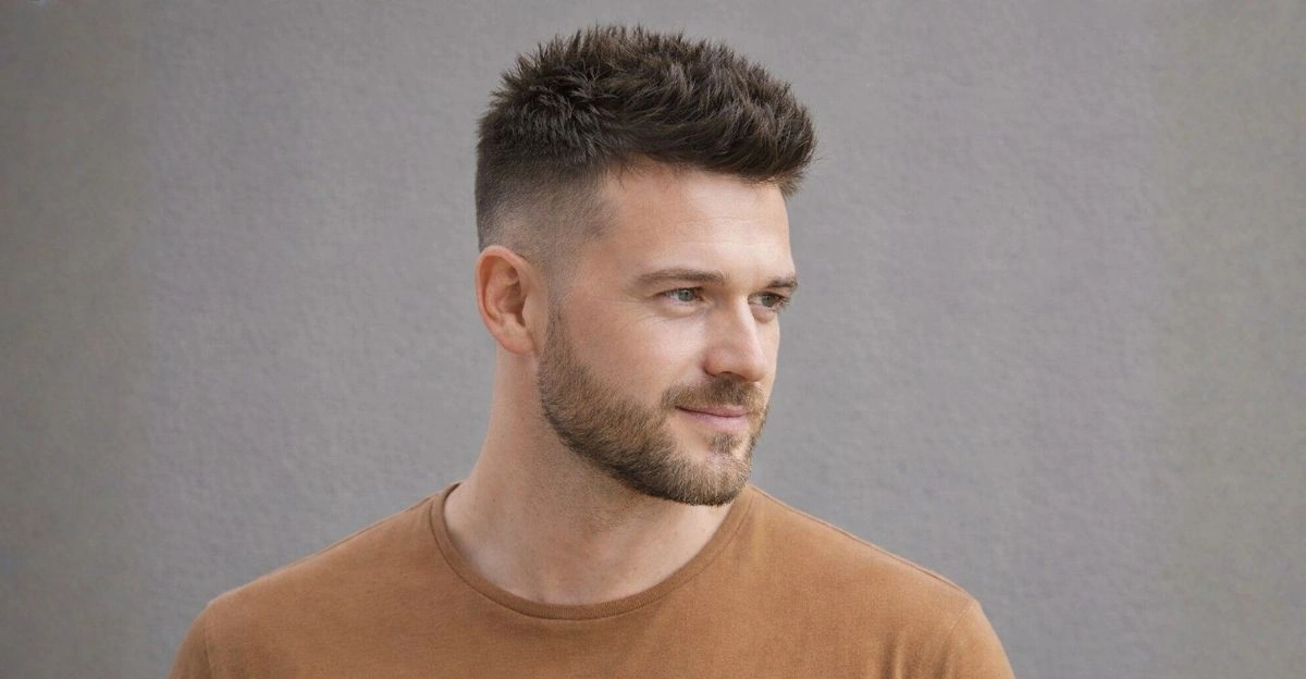 Spiky haircut with short sides and lifted top that draws attention away from the forehead.
