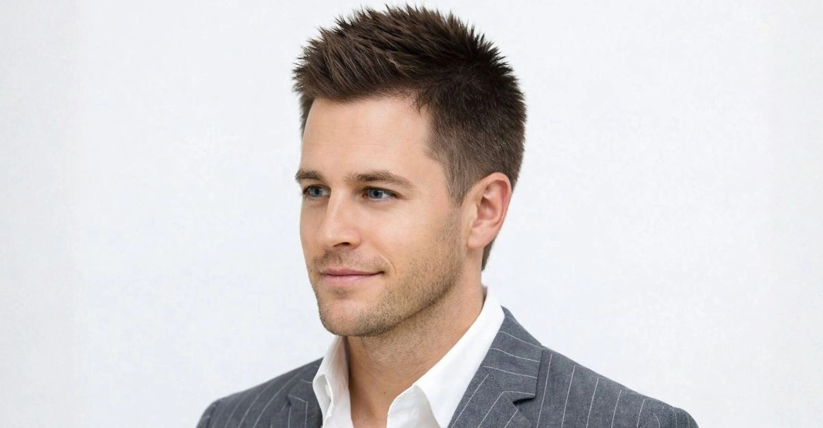 Spiky haircut with lifted textured top and short sides, drawing attention away from thin spots.