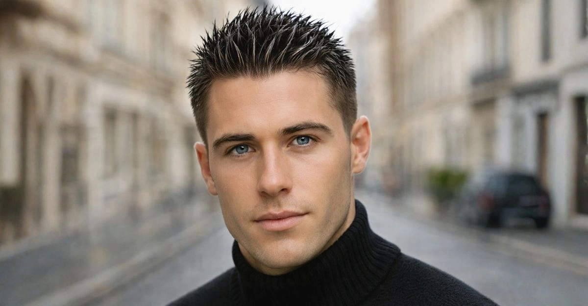 Man with a spiky wet look hairstyle featuring lifted glossy spikes and tight sides.