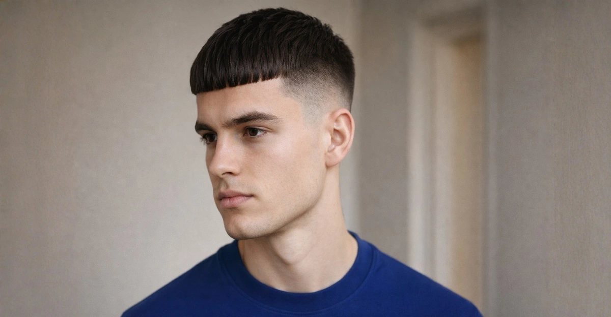 A sharp Caesar fringe with a modern fade creates a clean and structured look.