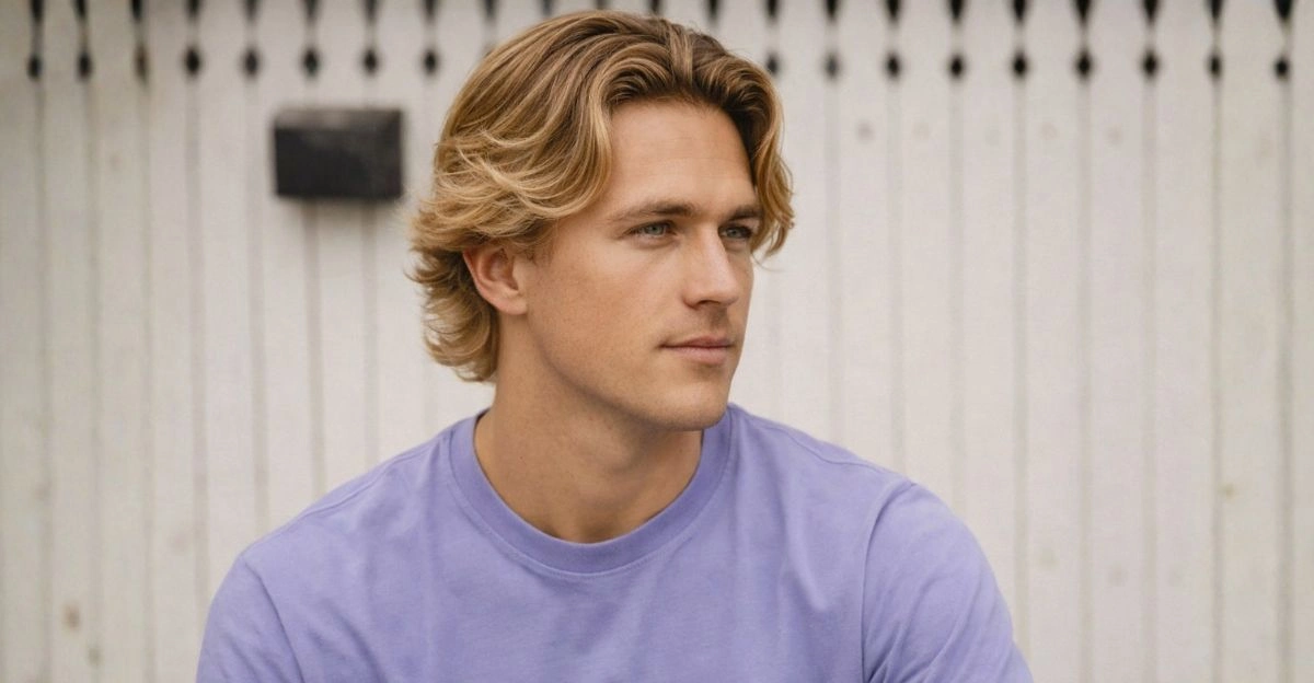 Surfer hairstyle with loose waves and middle part that frames the face and balances the forehead.