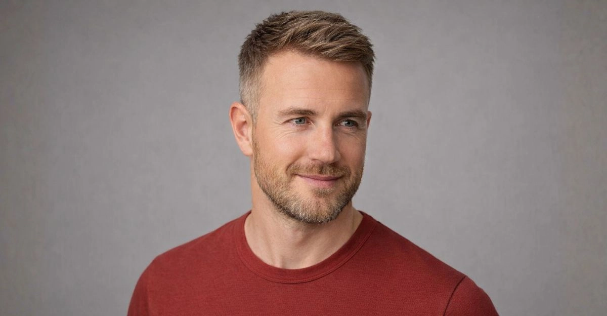 Taper haircut with short sides and textured top brushed forward for soft forehead coverage.