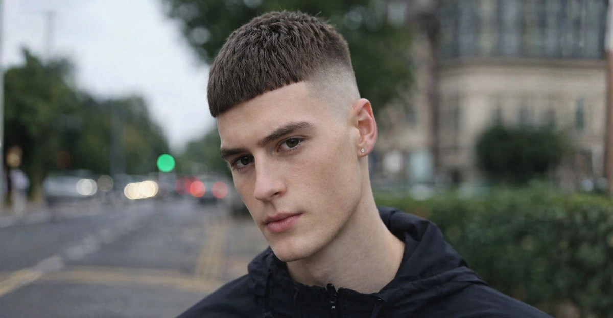 Textured Crew Cut Fade with Blunt Fringe