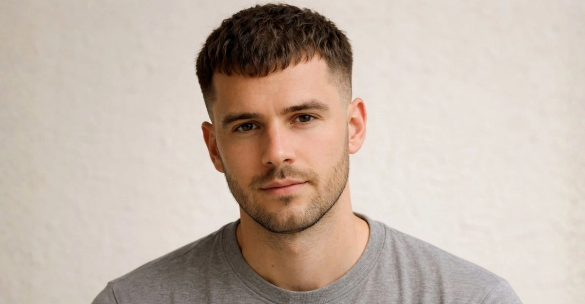 Textured crop haircut with uneven fringe and faded sides, designed to hide thinning areas.