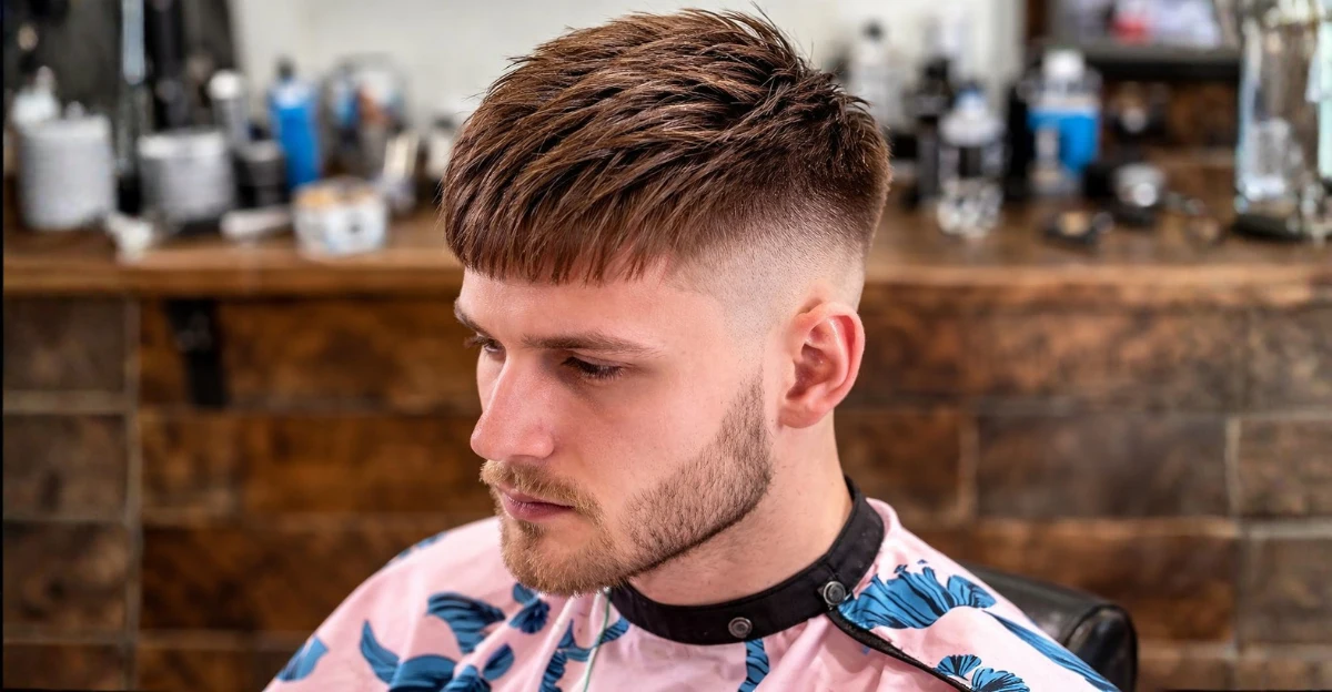 A modern textured fringe haircut that blends sharp fading with effortless top movement.