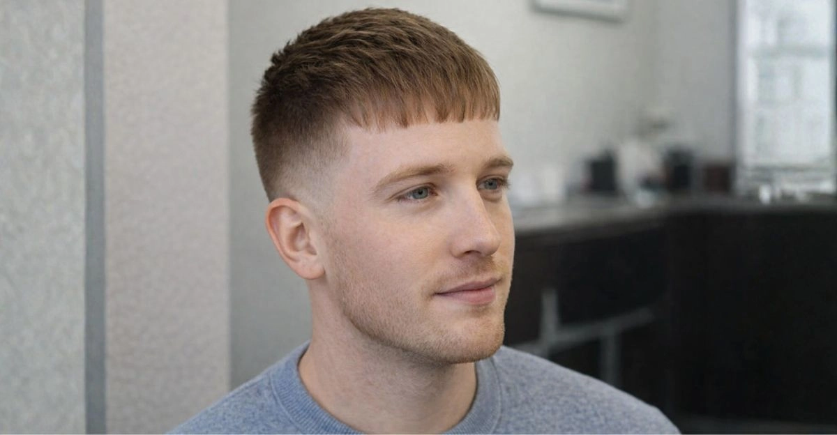 Textured fringe haircut with choppy bangs and faded sides, helping cover thinning hairline.