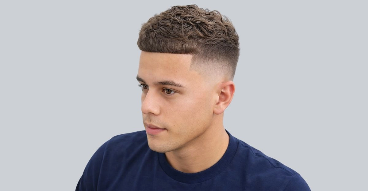 Textured top with high taper fade and tousled layers for a messy, modern look.