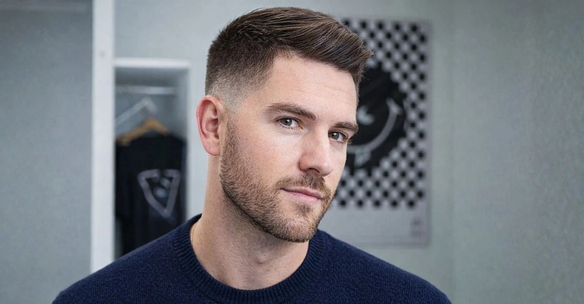 Textured Ivy League Taper Fade with Stubble Beard