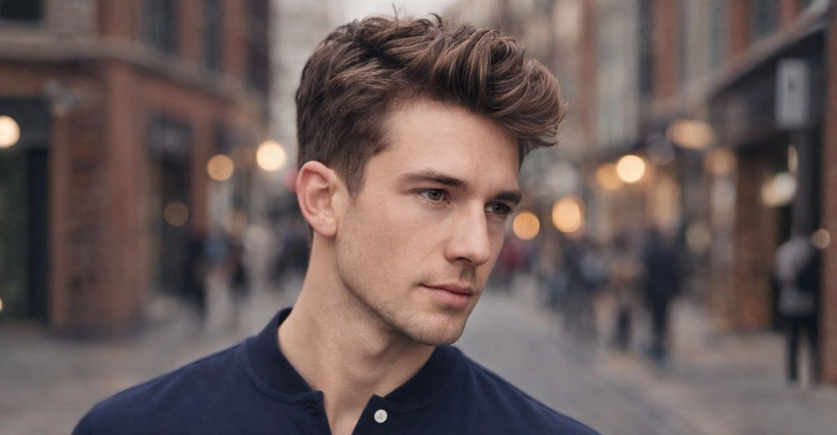 Textured quiff with lifted front and messy layers that adds balance to a big forehead.