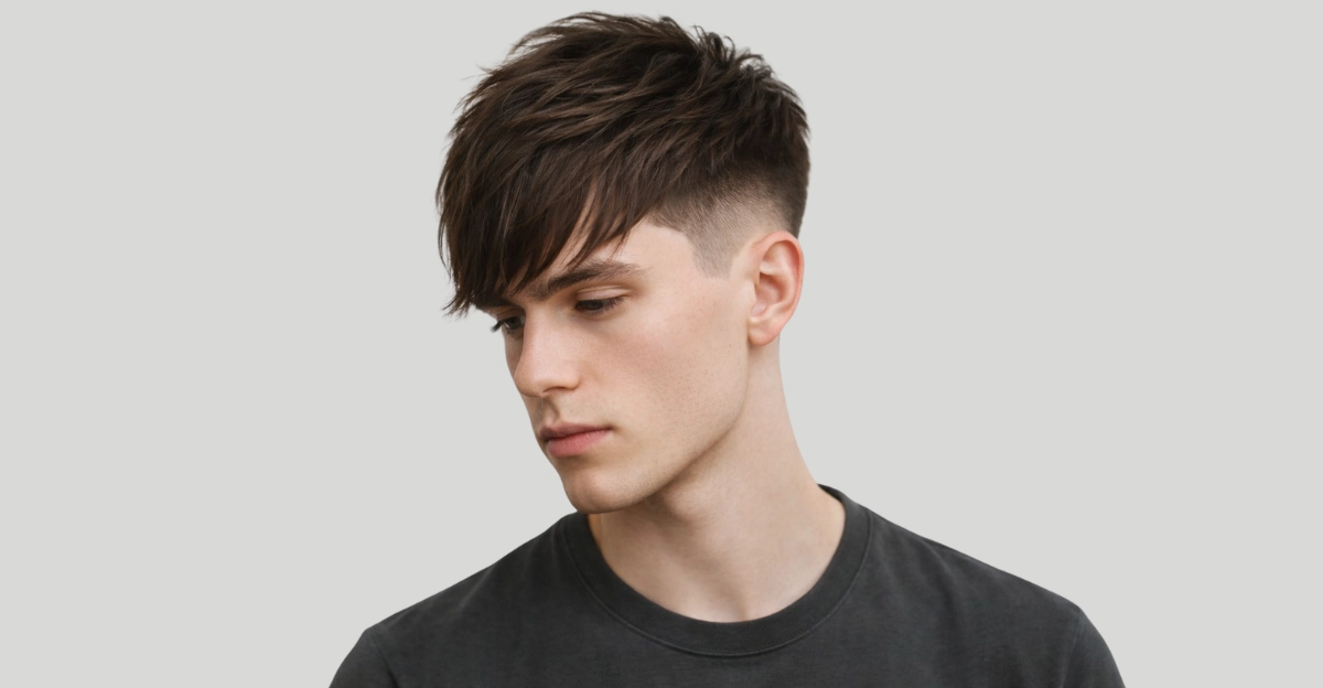 A long textured fringe with a clean undercut creates a bold, stylish modern look.