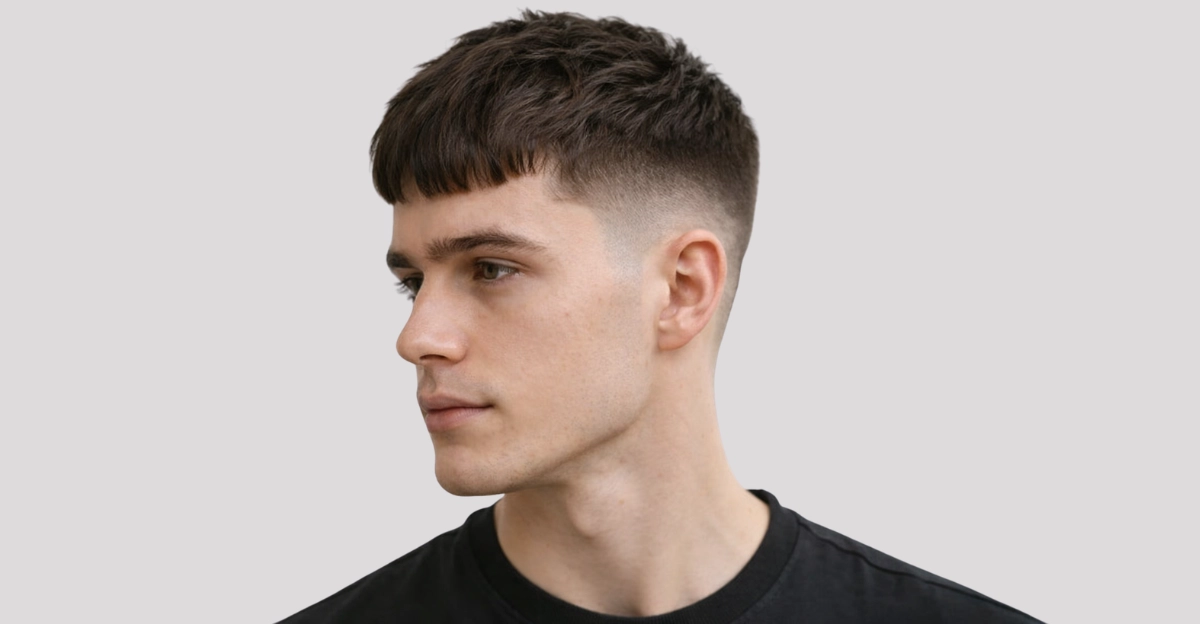 A sharp undercut paired with a short textured fringe delivers a clean, modern edge.