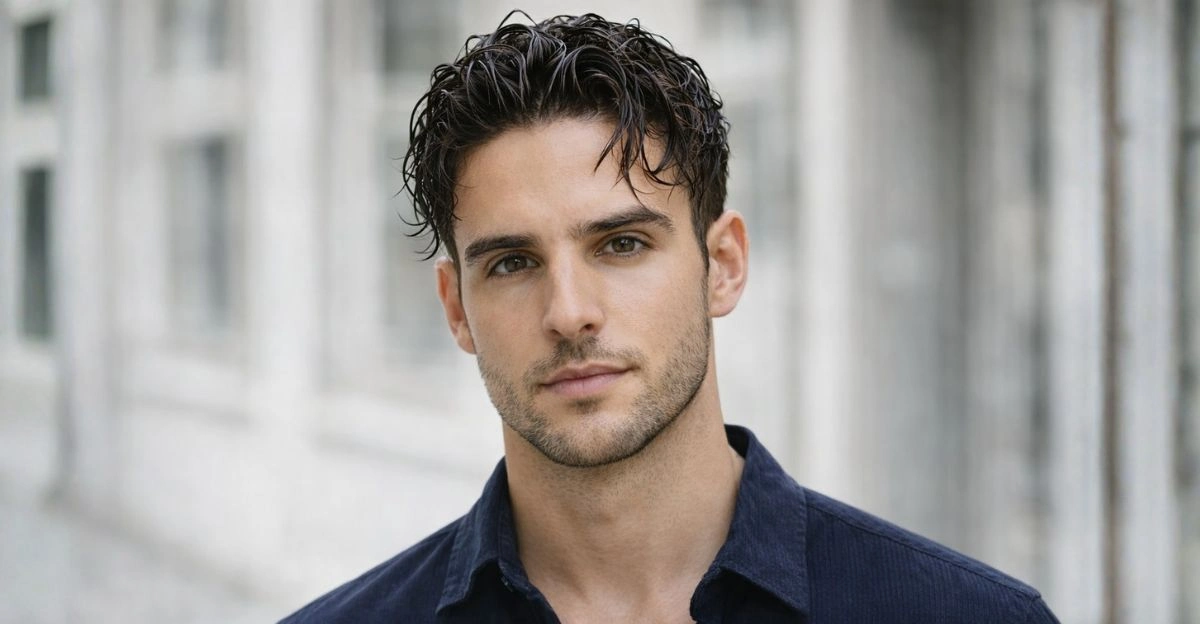 Man with wavy wet look hairstyle featuring glossy waves and soft movement.