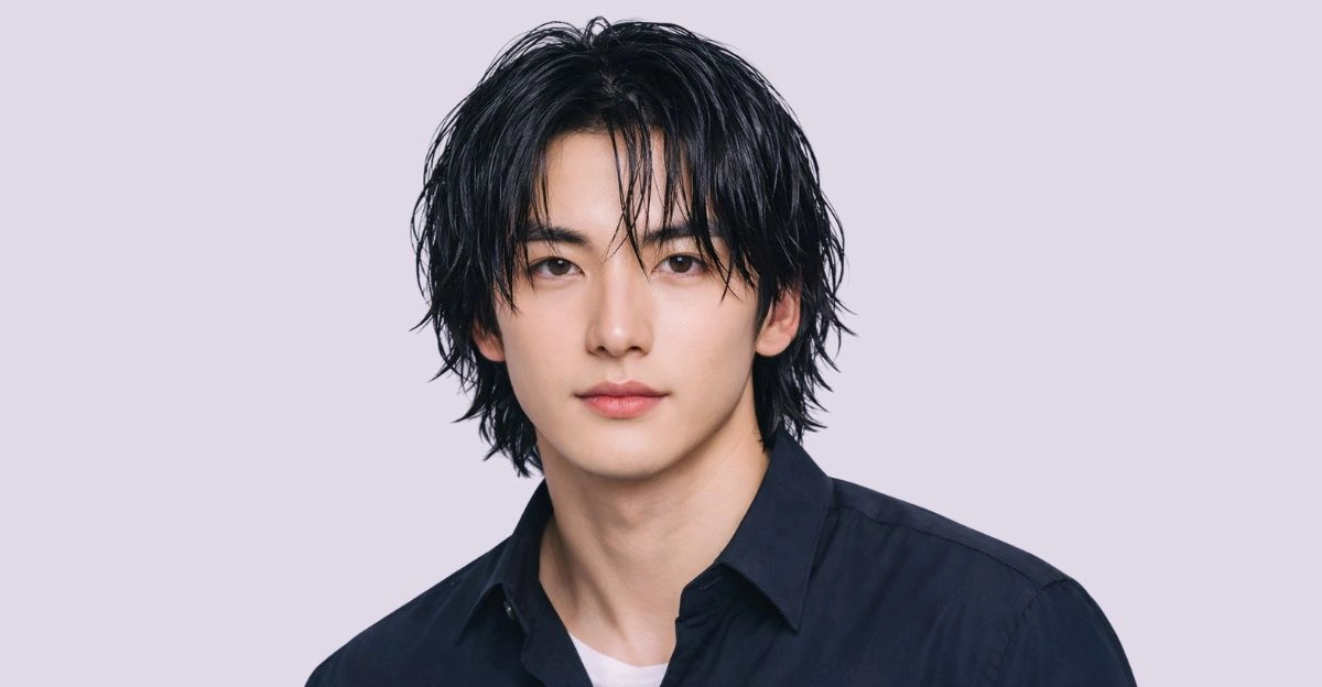 Man with wolf cut wet look featuring shiny layered strands and smooth laid-down finish.