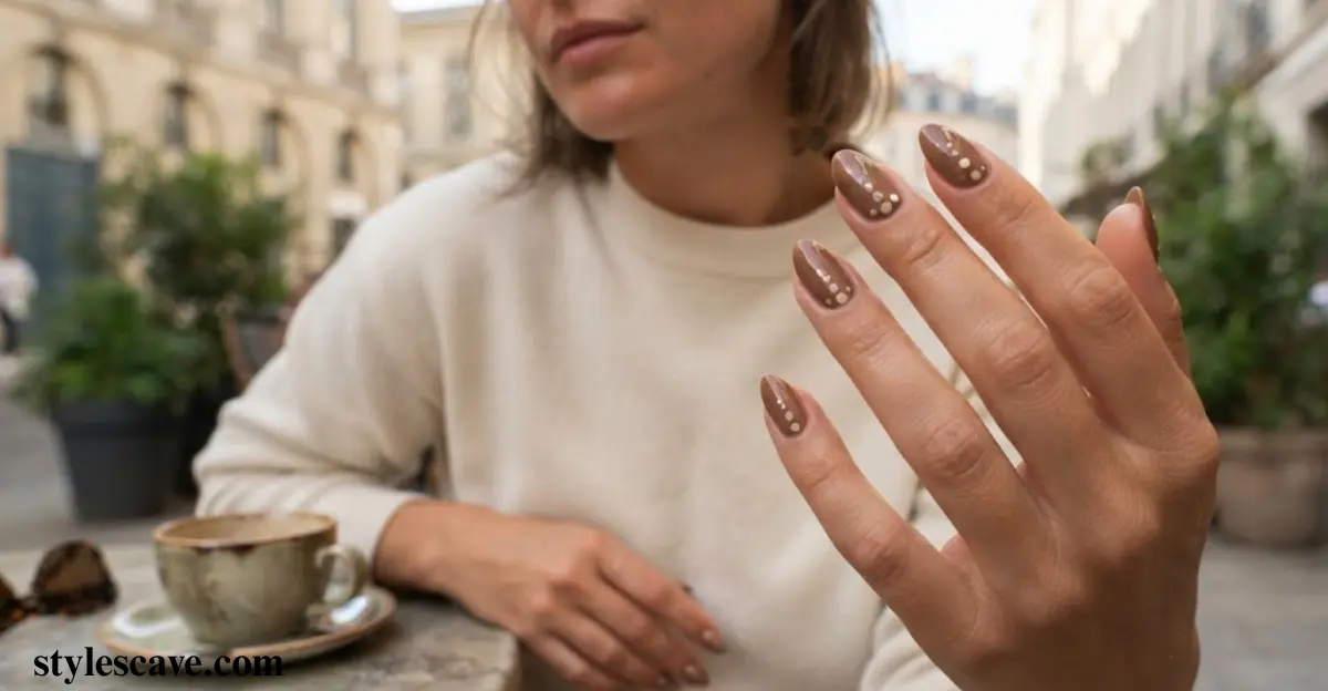 Short Almond Brown Dot Nails