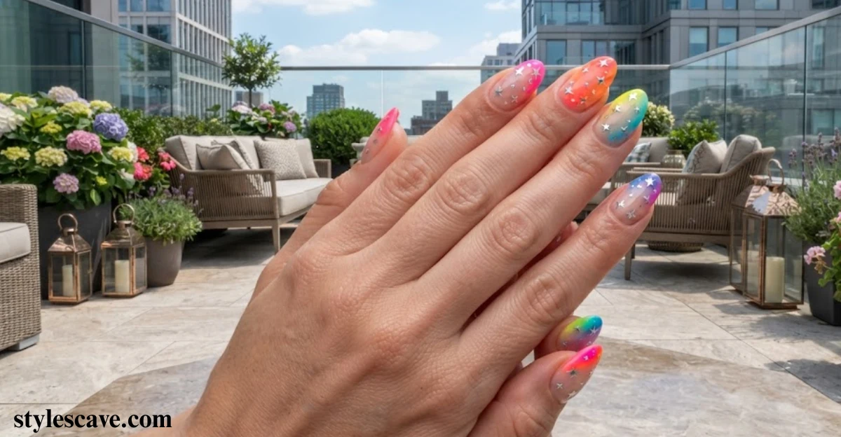 Star-Studded Neon Rainbow Nails