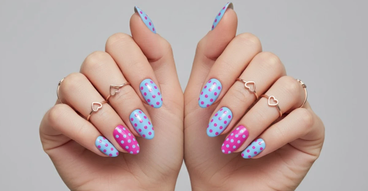 Blue Polka Dots on Almond Nails