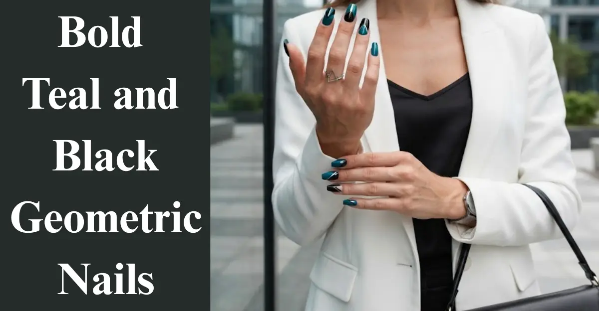 Bold Teal and Black Geometric Nails