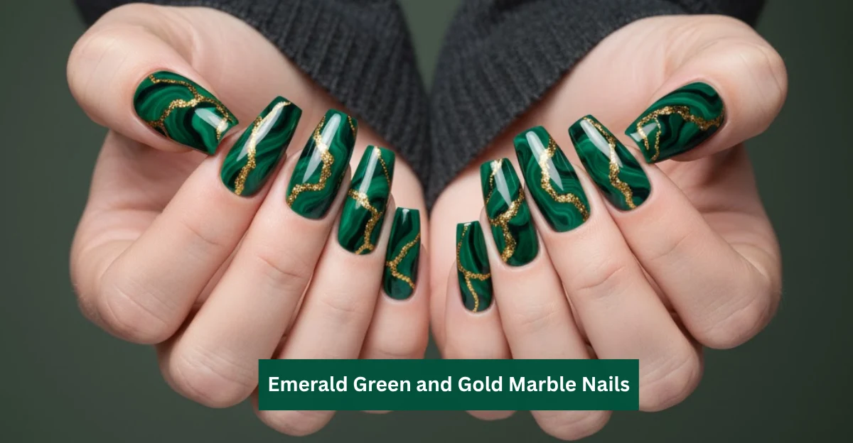 Emerald Green and Gold Marble Nails