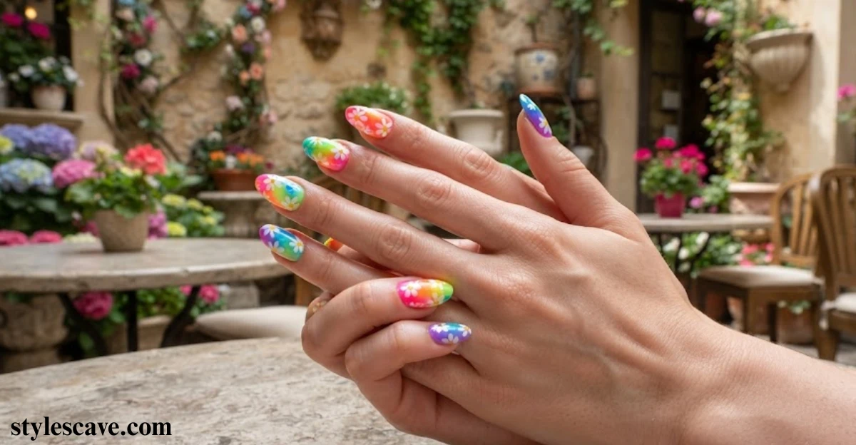 Neon Rainbow Daisy Nails