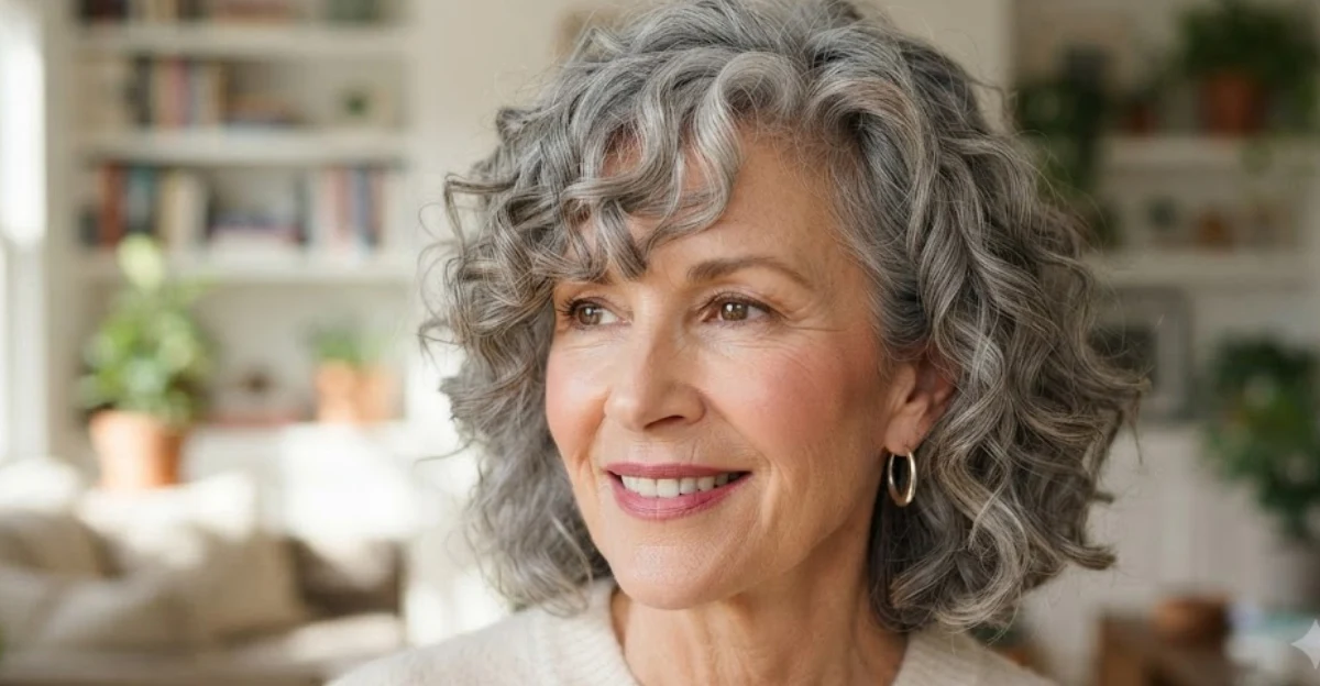Side-Swept Gray Curly Bangs
