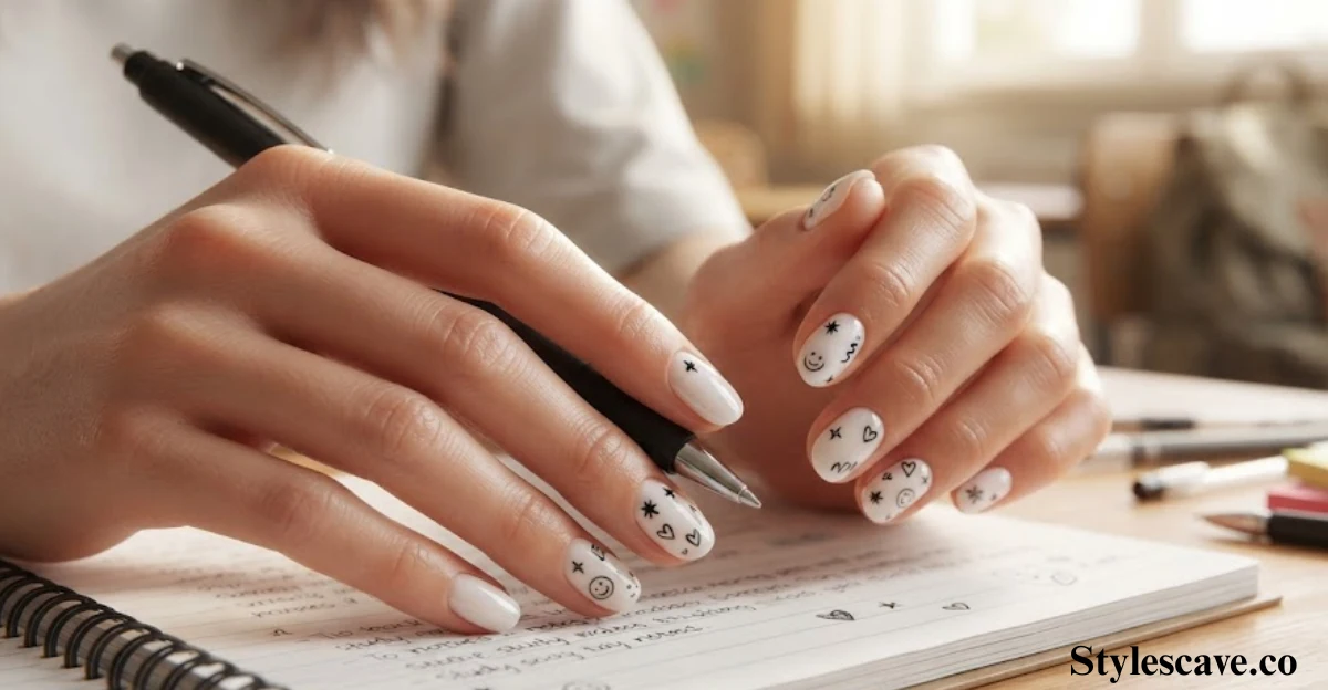 White Doodle Nails