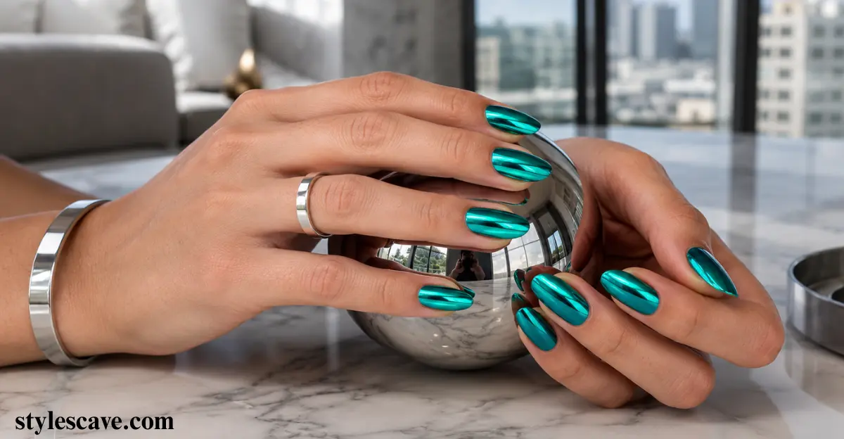 Teal Chrome Nails for a Futuristic Look