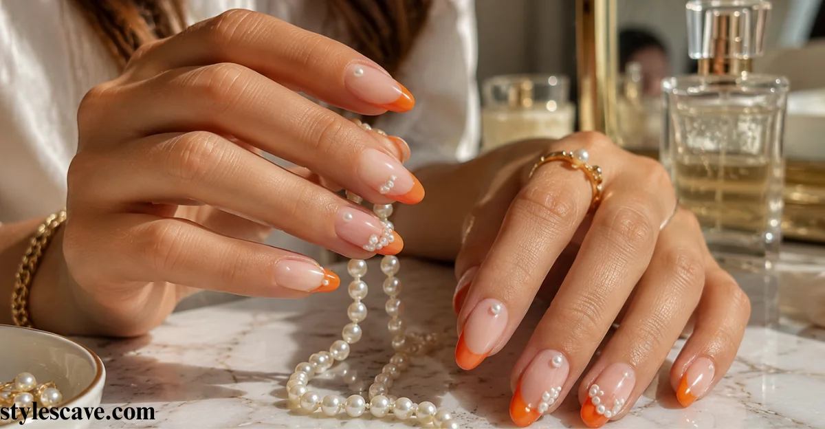 Pearl-Adorned Orange French Tips