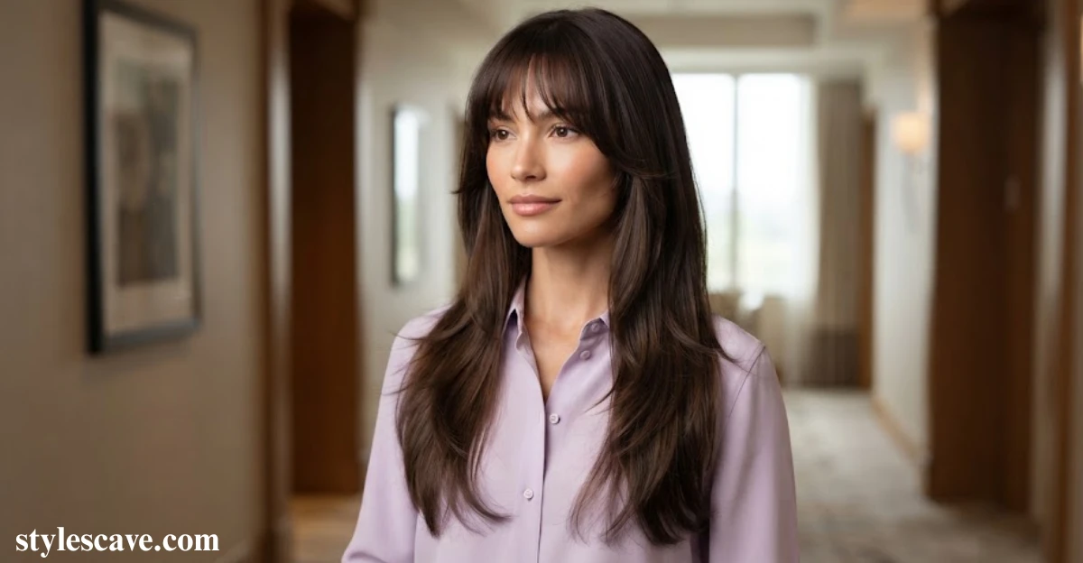 6. Sleek Butterfly Hairstyle With Wispy Bangs
